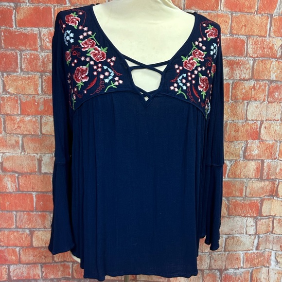 Miss Me Tops - Miss Me Embroidered Crinkle Gauze Bell Sleeve Top